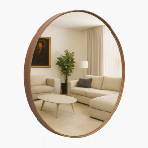 Espelho Adnet Redondo Grande Couro Costurado 60 cm Suporte Fixação Sala Quarto Banheiro Hall