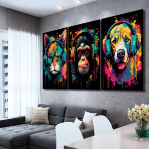 Quadro Decorativo Sala Animais Macaco Cachorro Fone Colorido Quarto Promoção